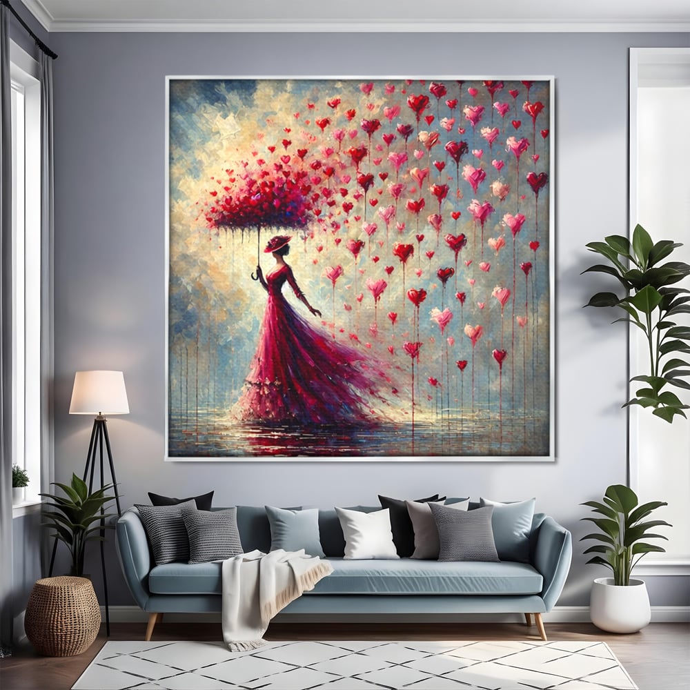Tablou canvas cu tablou canvas cu femeie in rochie rosie, in rama de aluminiu argintiu, pe perete intr-un living